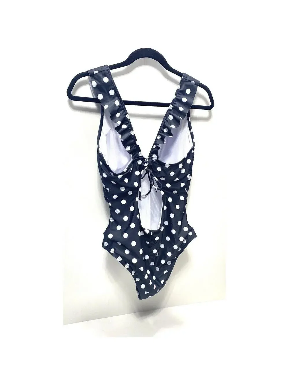NEW Large Women’s Black White Polka Dot V-Neck One Piece Bathing Suit